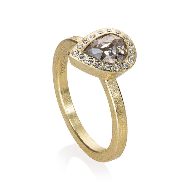 Todd Reed Fancy Cut Light Brown Pear Diamond Ring in Yellow Gold