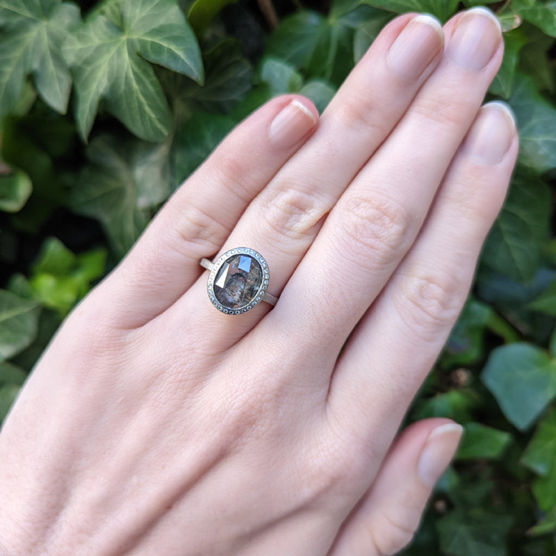 Estate - Todd Reed Palladium and Oval Gray Diamond Ring on hand