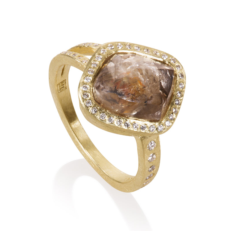 Todd Reed diamond ring with one-of-a-kind raw diamond with diamond halo and split shank eternity ring, 18k gold