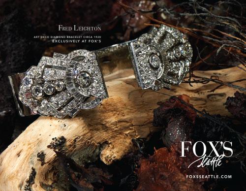 Antique diamond bracelet sitting on a branch with Fred Leighton and Fox's Seattle logos