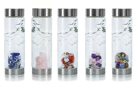 5 Gem Water water bottles with different colors of gemstones in a row