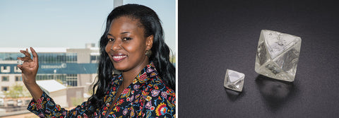 2 photos: Left is a photo of a woman holding a large rough diamond. Photo on the right is 2 octahedron diamonds on a black background.