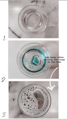 1. photo of empty bowl 2. photo of bowl with dishwashing soap 3. photo of bowl with water and soap and rings. arrow with words points to #3 "Add water after putting the rings in the bowl"
