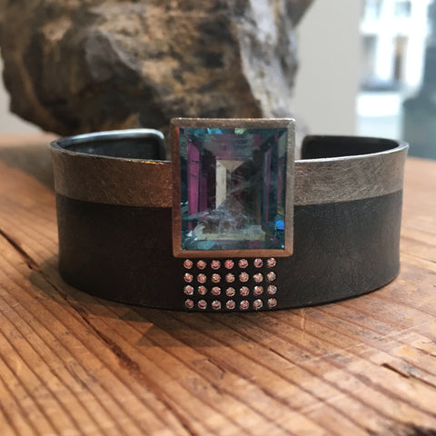Todd Reed sterling silver and palladium cuff bracelet with large rectangular aquamarine. 