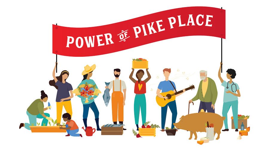 people buying local and gathering as a community with text, "Power of Pike Place"