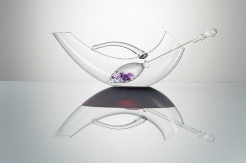 Gem Water wine decanter and wine wand. Reflection shows decanter full of wine.