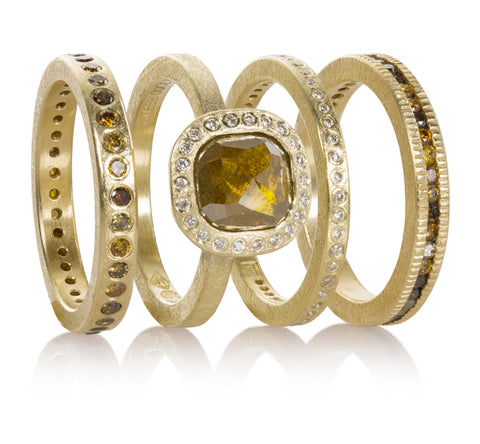 Todd Reed 18k yellow gold engagement ring and wedding bands with natural color diamonds