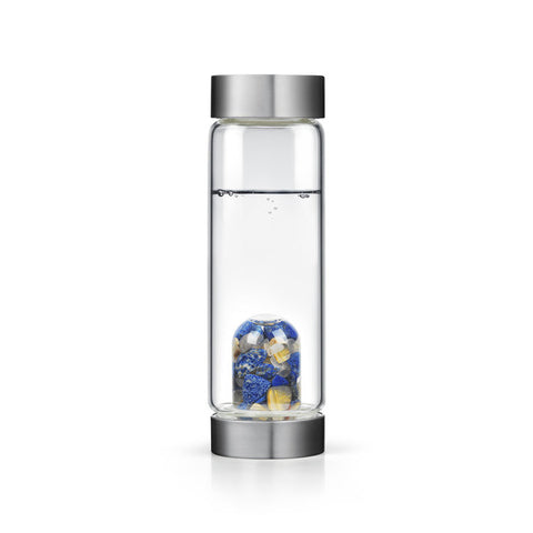 Inspiration water bottle with blues and gold stones in the bottle