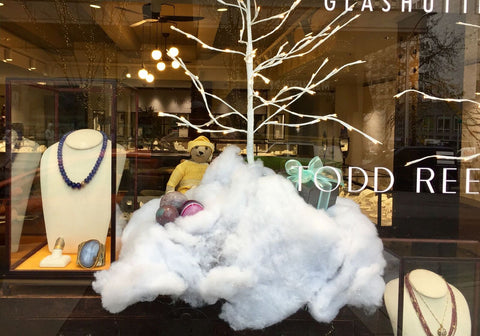 Fox's Seattle holiday window with white birch tree