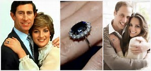 Photo of Prince Charles and Diana, sapphire and diamond ring, and Prince William and Kate Middleton.