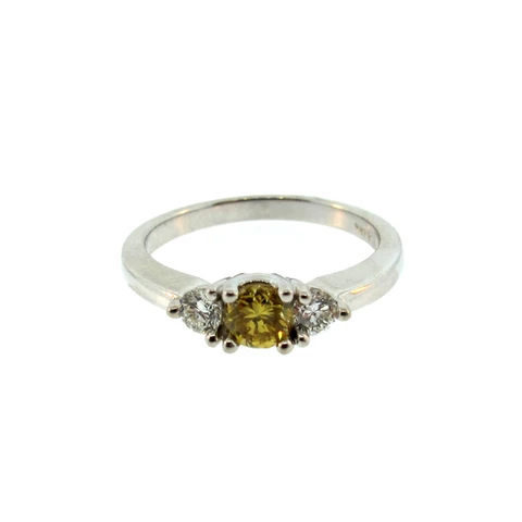 Three Stone Fancy Yellow Diamond, Diamond and 14K White Gold Ring