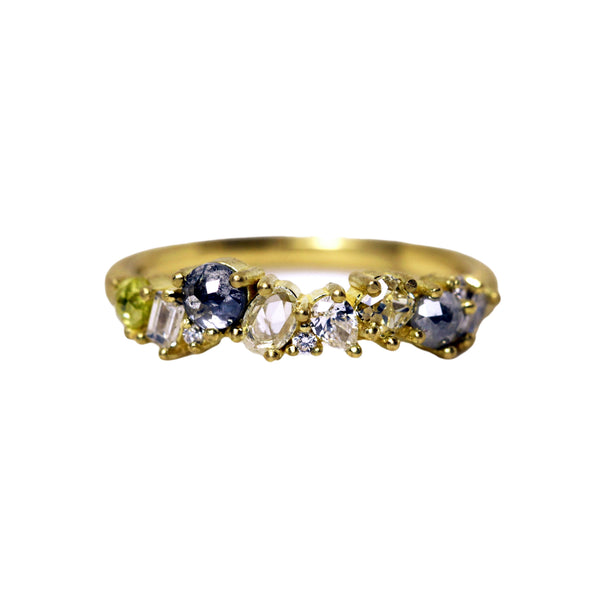 18K yellow gold bouquet band with rose cut diamonds and salt and pepper diamonds