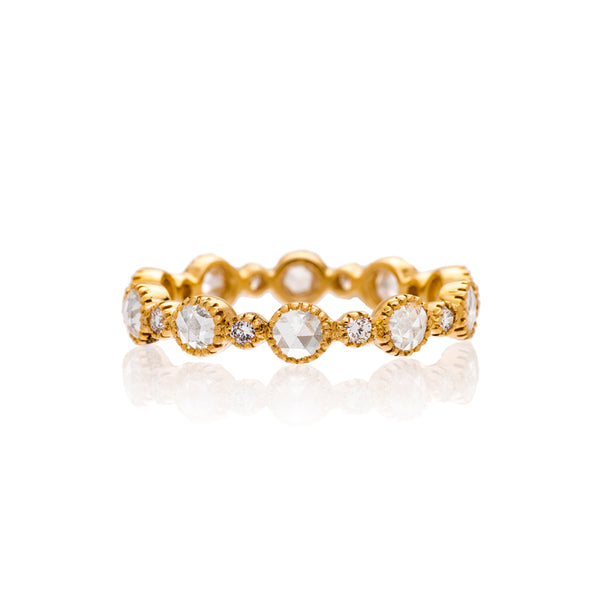 18K rose gold "Cassie" eternity style band with round cut diamonds and round rose cut diamonds