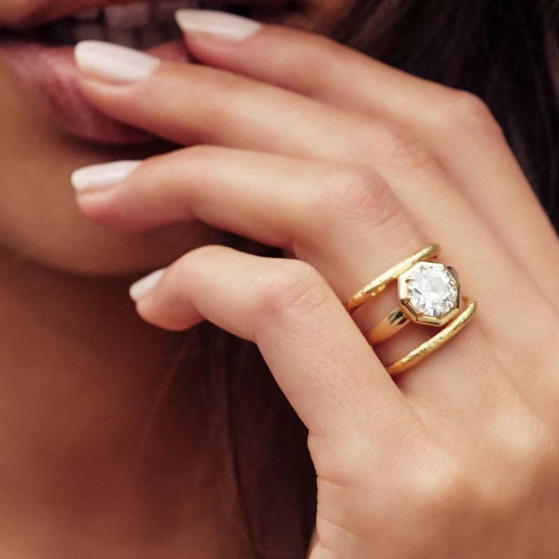 Single Stone Large "Jane" 22K Gold Band on model